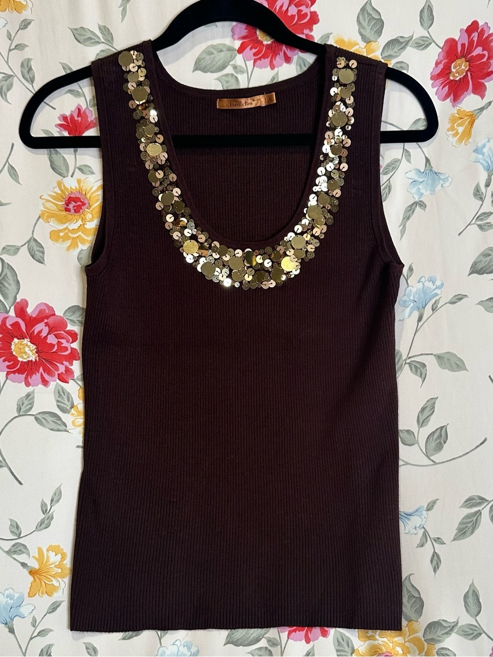 BELLDINI BROWN RIBBED TANK WITH GOLD SEQUIN NECKLINE WOMENS SIZE L